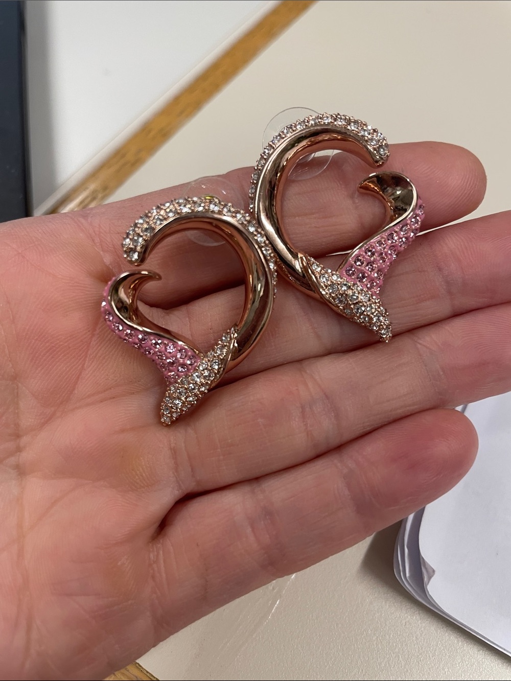 Butler rose gold open heart with pink stone and diamond stone earrings- new